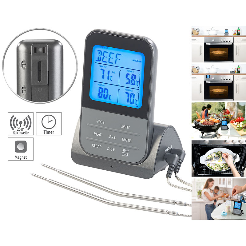 Funk-Braten- & Ofenthermometer mit 2 Fühlern & XL-Display, bis 250 °C