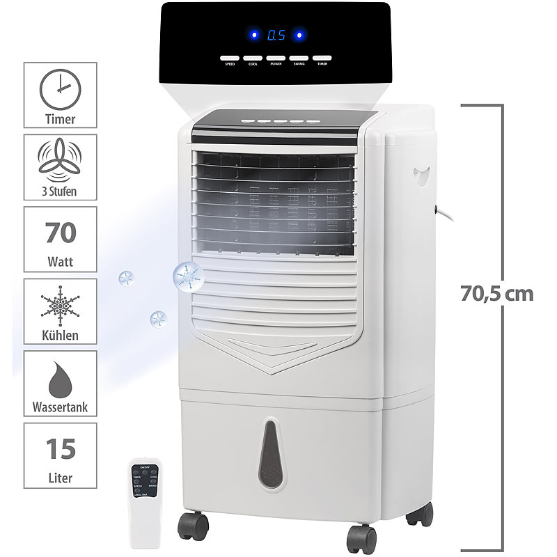 Verdunstungs-Luftkühler mit Oszillation und Timer, 15 Liter, 70 Watt