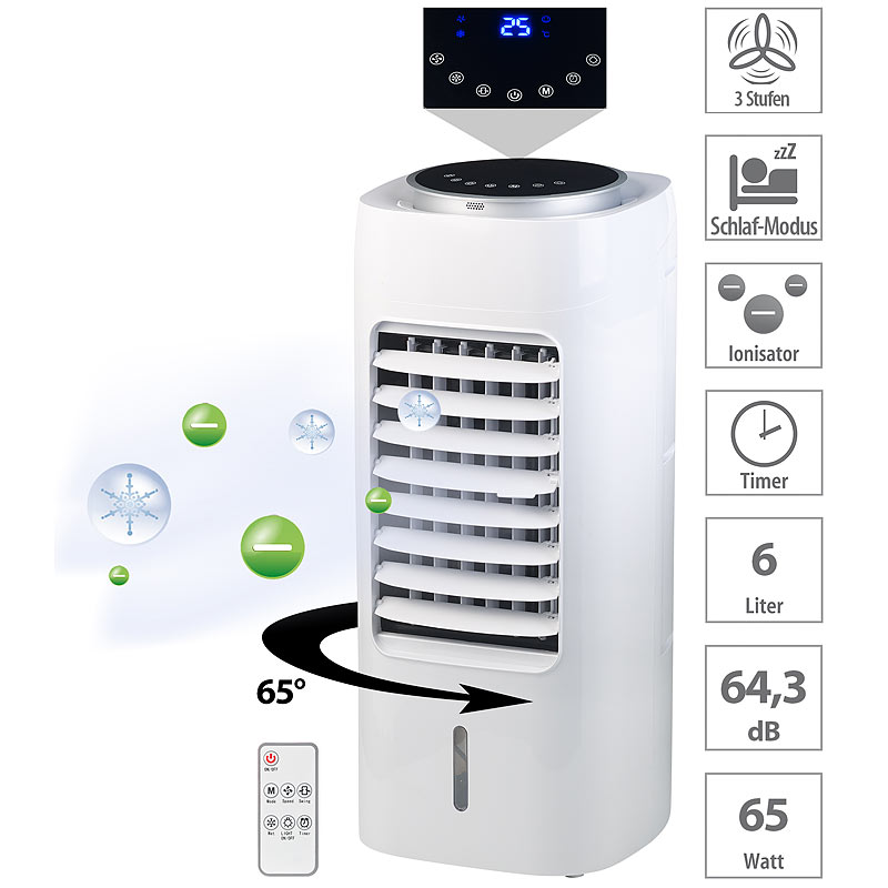 3in1-Luftkühler, Luftbefeuchter & Ionisator, Touch-Tasten, Timer, 65 W