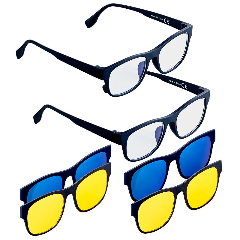 2er-Set 3in1-Bildschirm-Brillen mit Sonnen- und Nachtsicht-Aufsatz