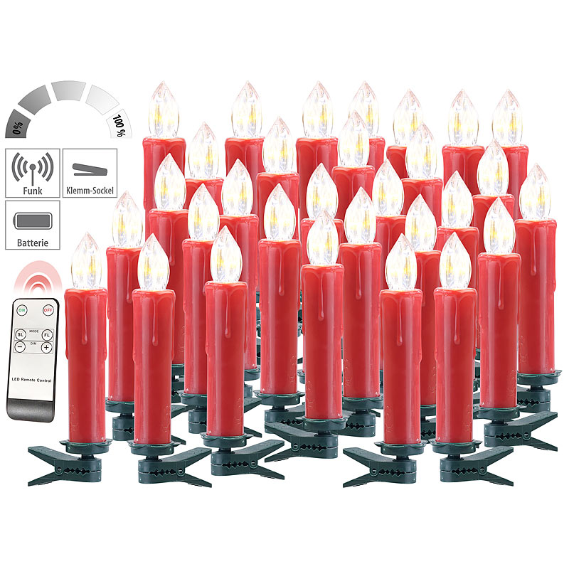 FUNK-Weihnachtsbaum-LED-Kerzen mit Fernbedienung, 30er-Set, rot