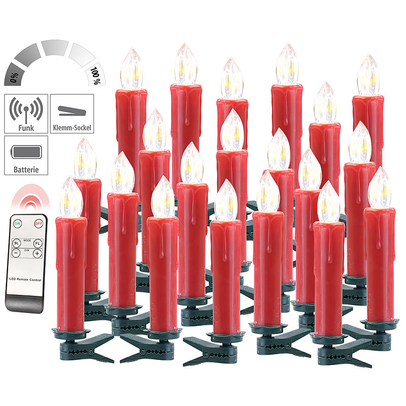 FUNK-Weihnachtsbaum-LED-Kerzen mit Fernbedienung, 20er-Set, rot