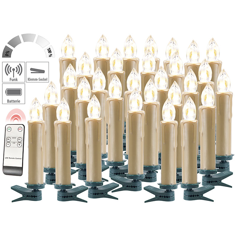 FUNK-Weihnachtsbaum-LED-Kerzen, Fernbedienung, 30er-Set, golden