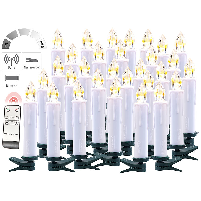 FUNK-Weihnachtsbaum-LED-Kerzen mit  FUNK-Fernbedienung, 30er-Set, weiß