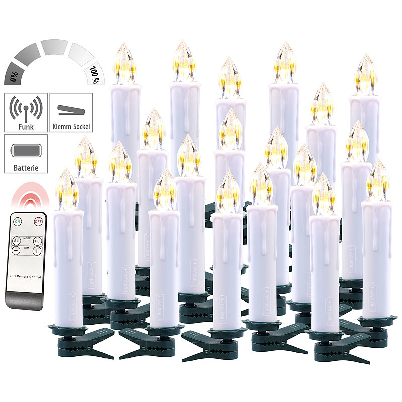 FUNK-Weihnachtsbaum-LED-Kerzen mit FUNK-Fernbedienung, 20er-Set, weiß