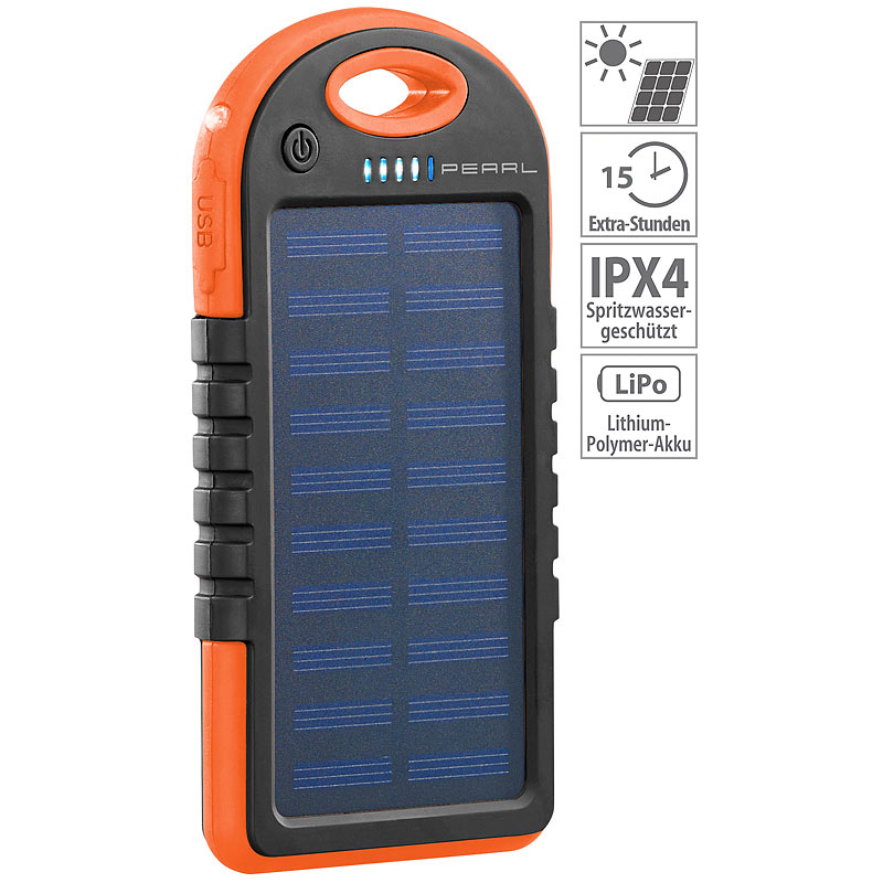 Solar-Powerbank mit Taschenlampe, 3.000 mAh, 2x USB, 1 A, IPX4