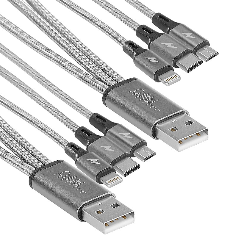 2er-Set 3in1-Schnellladekabel: Micro-USB, USB C & Lightning, 30 cm, 3A