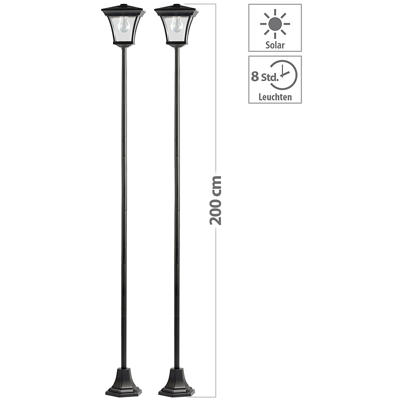 2er-Set Solar-LED-Gartenleuchten, je mit 200-cm-Lampenmast und Akku