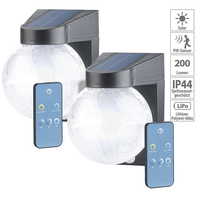 2er Pack Solar-LED-Wandleuchte im Crackle-Glas-Design, PIR-Sensor,