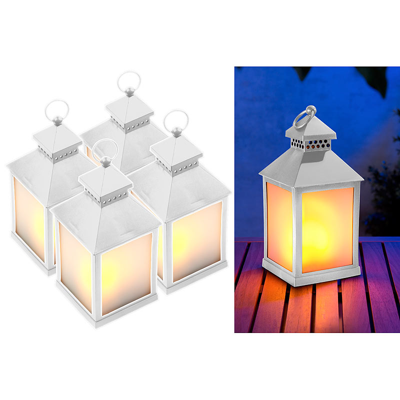 4er Pack LED-Laterne mit realistischem Flammenspiel und Timer, weiß