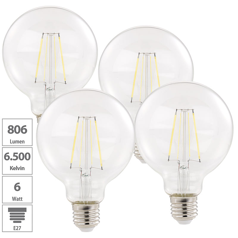 4er Pack LED-Filament-Birne, E27, A++, 6 W, 806 lm, 360°