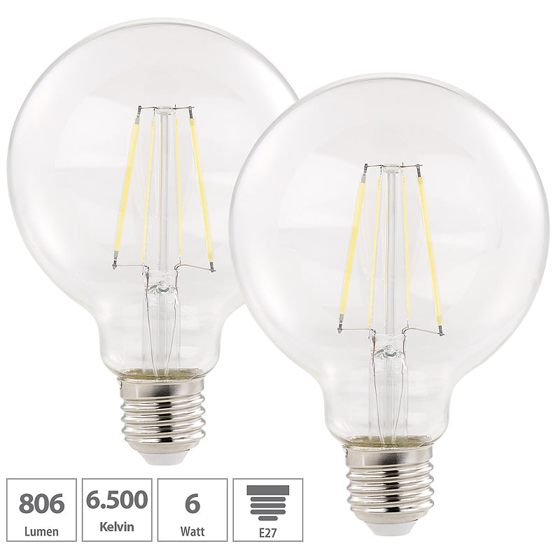 2er Pack LED-Filament-Birne, E27, A++, 6 W, 806 lm, 360°