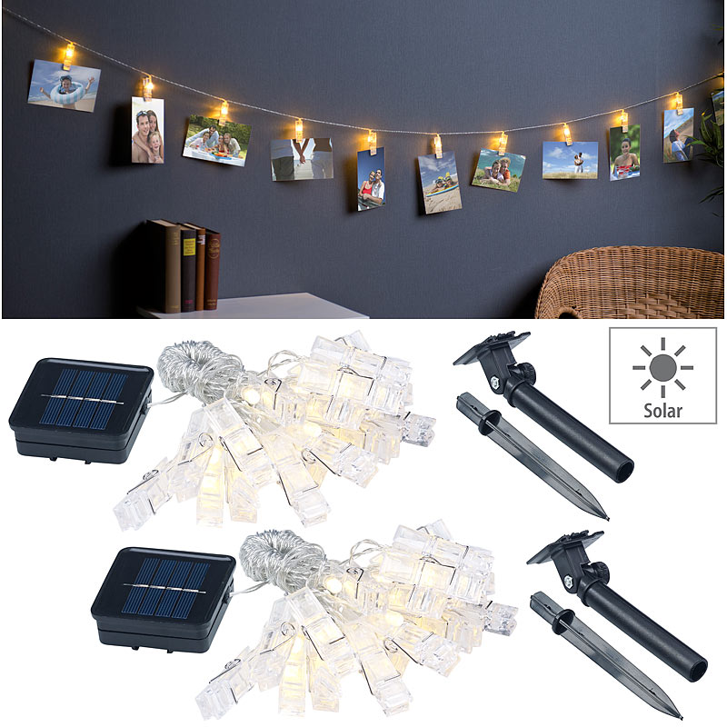 2er-Set LED-Foto-Clips-Lichterkette, 40 Klammern, solarbetrieben, 10 m