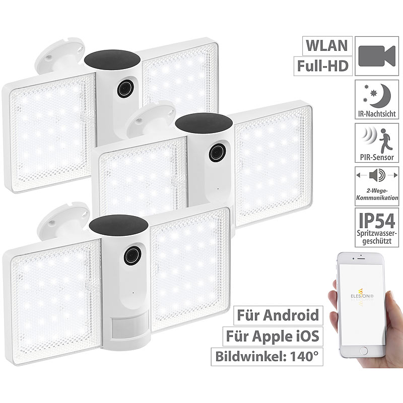 3er-Set Full-HD-IP-Überwachungskameras mit LED-Strahler, WLAN, App