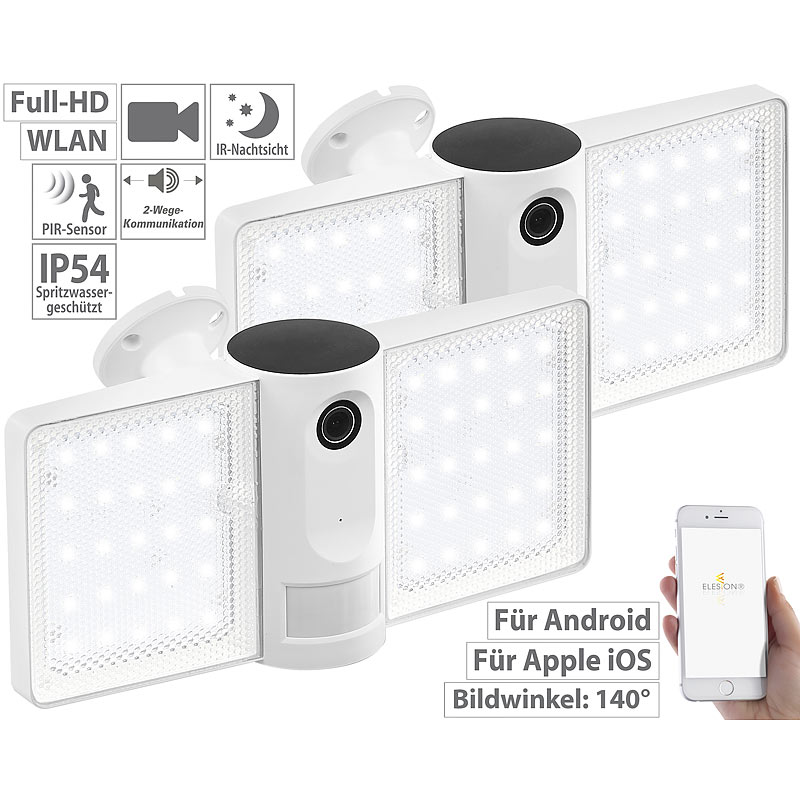 2er-Set Full-HD-IP-Überwachungskameras mit LED-Strahler, WLAN, App