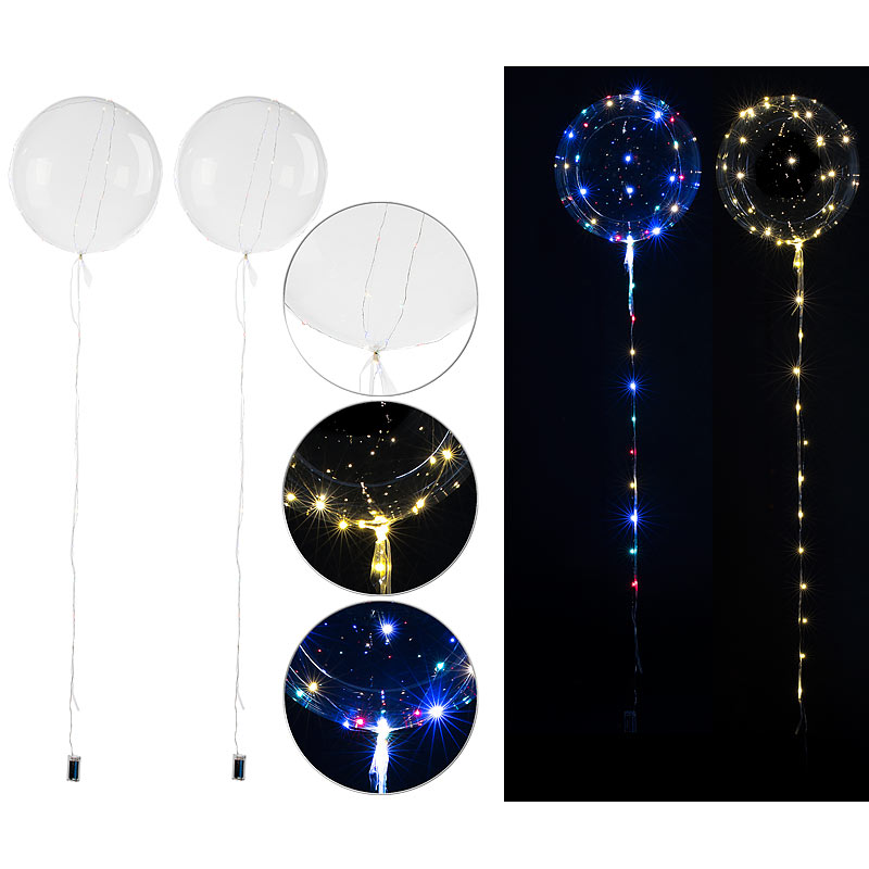 2er-Set Luftballons mit Lichterkette, 40 weiße & 40 Farb-LEDs, Ø 25 cm