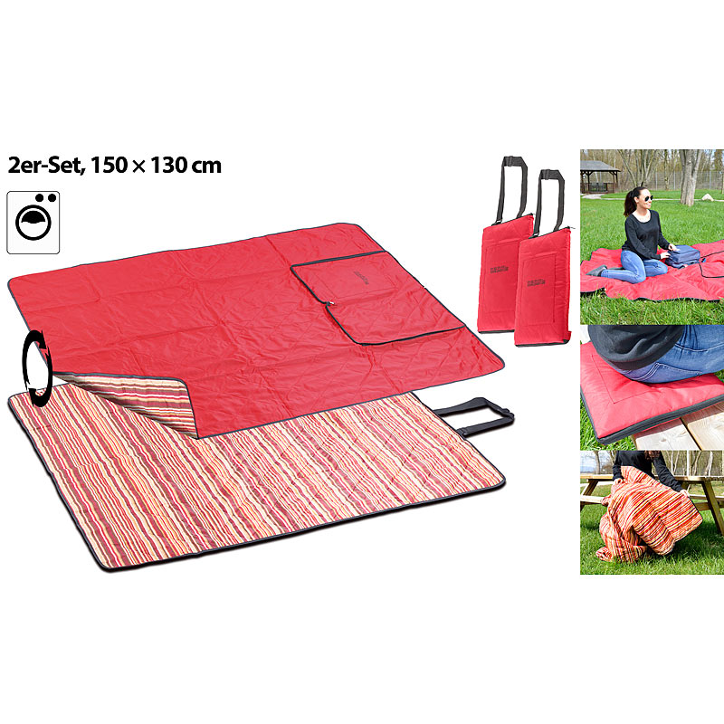 2er-Set 3in1-Multi-Picknickdecken mit Sitzkissen & Zudecke, 150x130 cm
