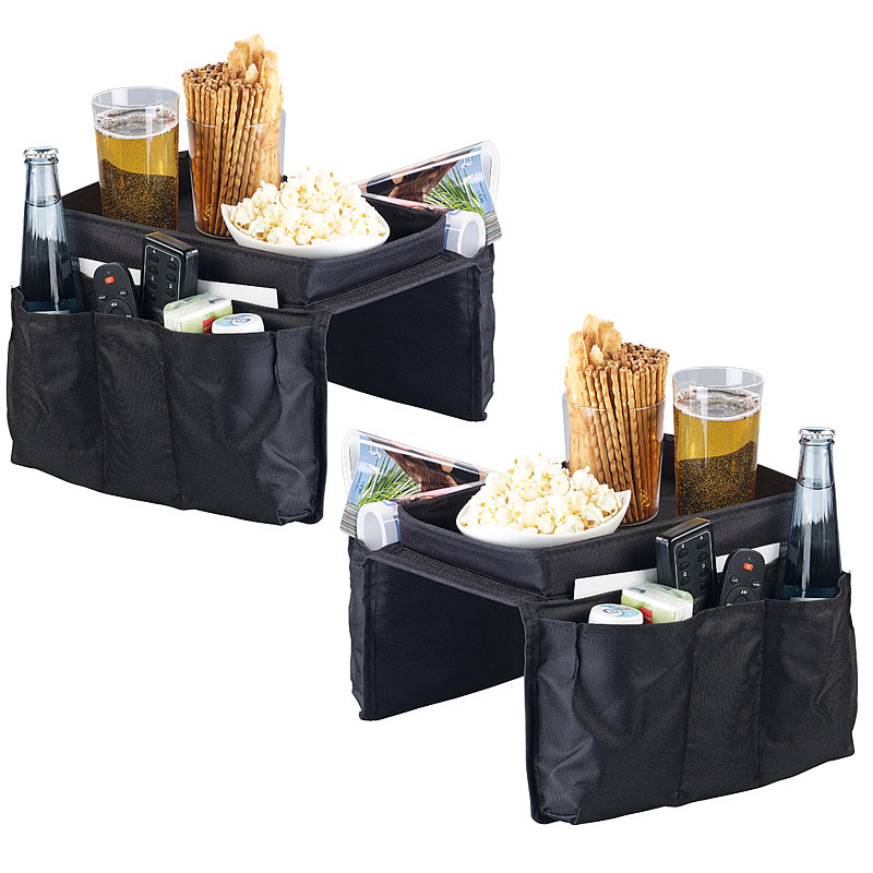 2er-Set Sofa-Organizer: 5 Taschen & Ablagefläche für Snacks & Getränke