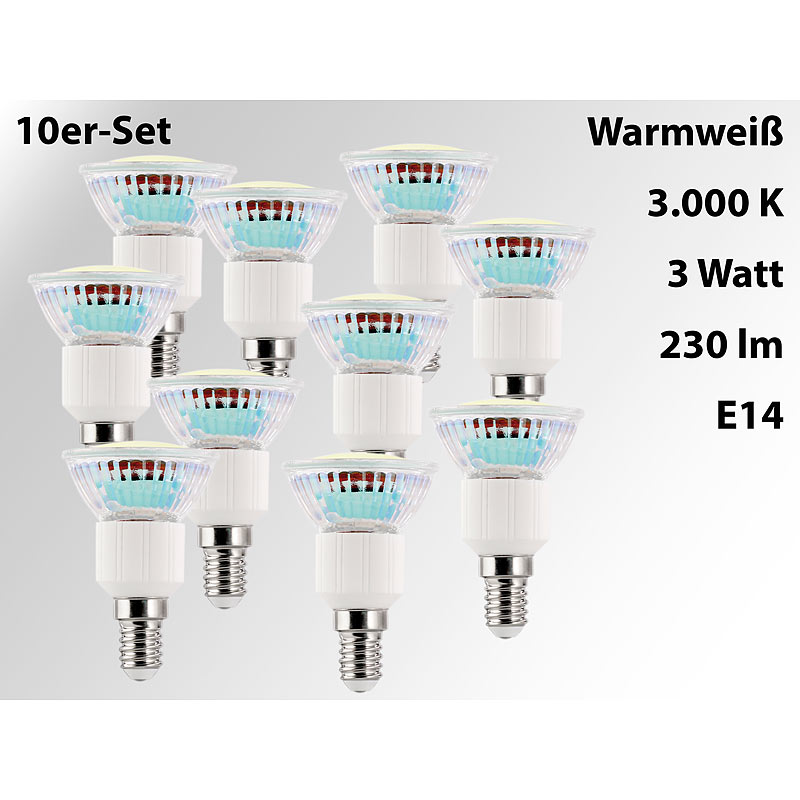 10er-Set LED-Spots, Sockel E14, 3 Watt, 230 Lumen, warmweiß (3000 K)