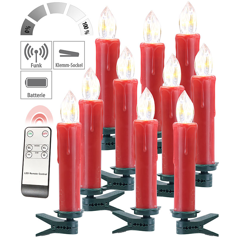 FUNK-Weihnachtsbaum-LED-Kerzen mit Fernbedienung, 10er-Set, rot
