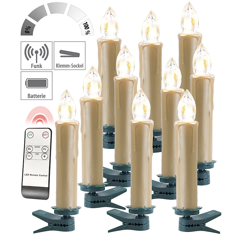FUNK-Weihnachtsbaum-LED-Kerzen, Fernbedienung, 10er-Set, golden