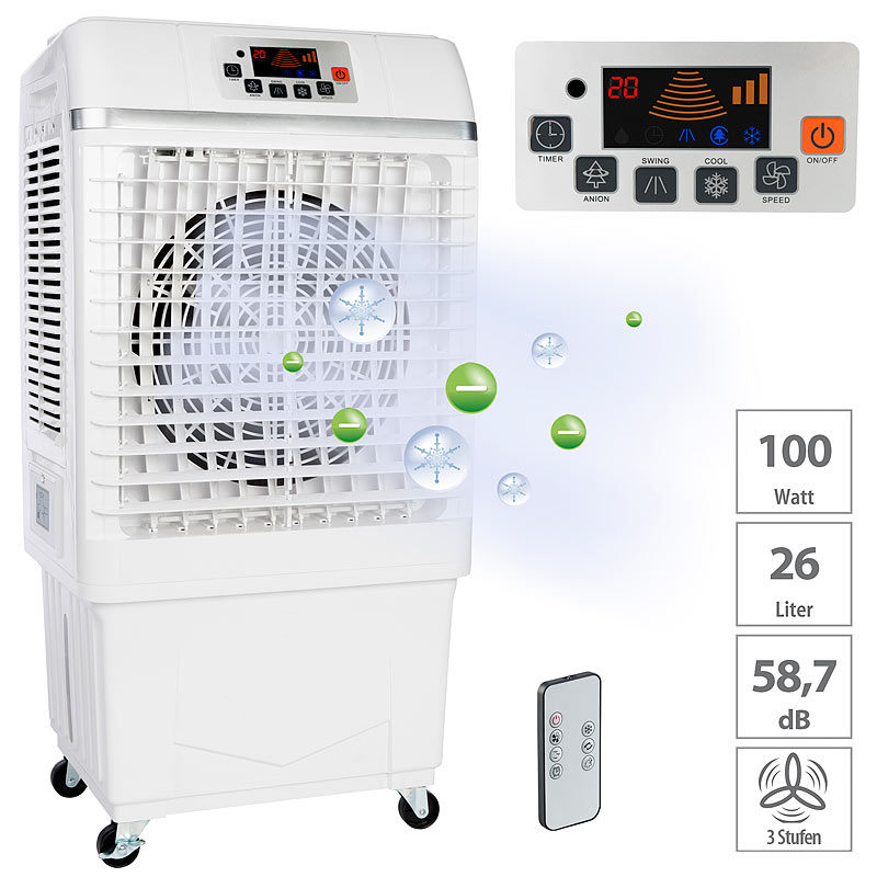 2in1-Luftkühler & Luftbefeuchter mit Ionisator, 26 Liter, 100 W, 25 m²
