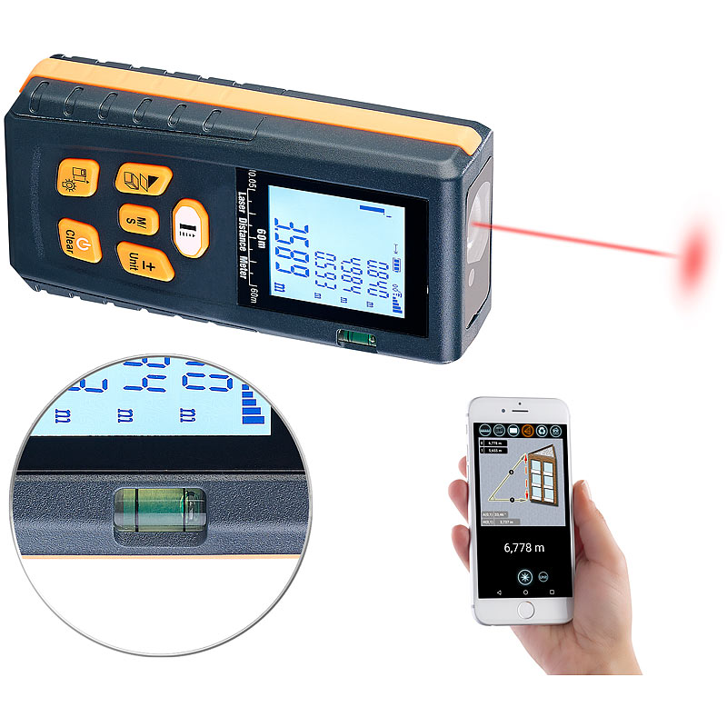 Laser-Entfernungsmesser mit LCD & Bluetooth, Messbereich 5 cm - 60 m