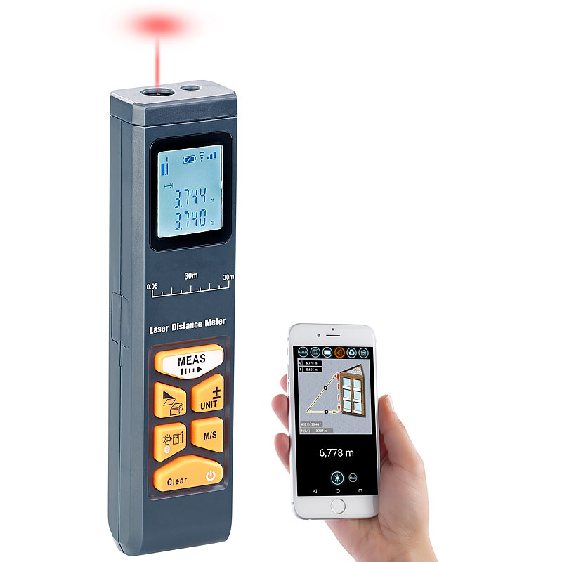 Laser-Entfernungsmesser mit LCD & Bluetooth, Messbereich 5 cm - 30 m