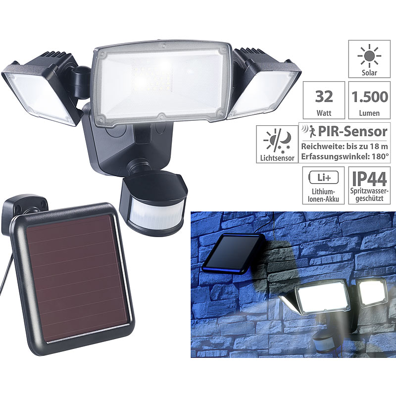 3-fach-Solar-LED-Fluter für außen, PIR-Sensor, 32 W, 1.500 Lumen, IP44