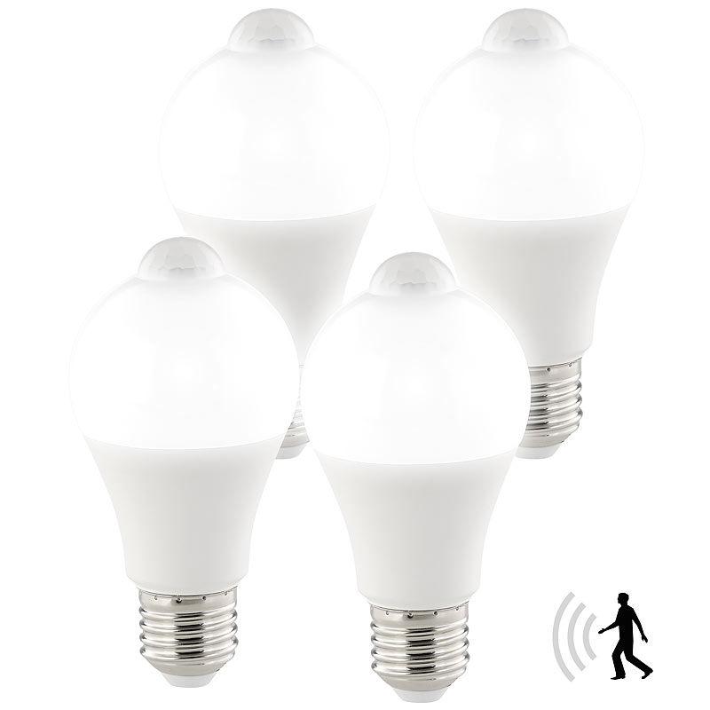 4er-Set LED-Lampen, PIR-Sensor, 12 Watt, E27, tageslichtweiß, 6500 K
