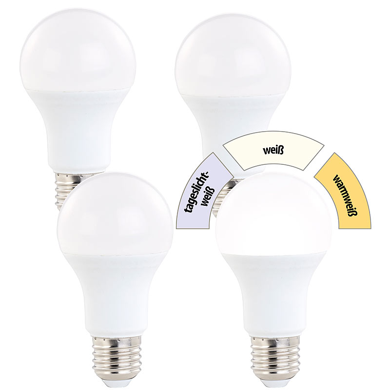 4er-Set LED-Lampen, 10 W, 810 lm, A+, Lichtfarbe 3-stufig wählbar, E27