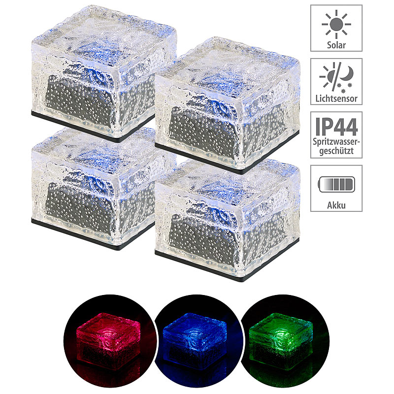4er-Set Solar-RGB-LED-Glasbausteine, Dämmerungsssensor, 7 x 5,4 x 7 cm