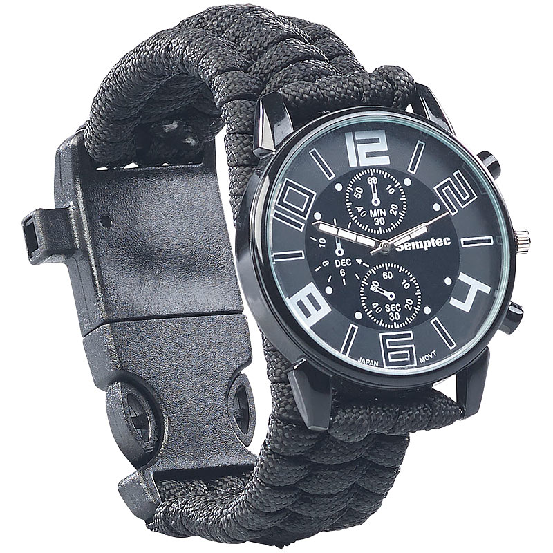 5in1-Armbanduhr mit Paracordband, Feuerstahl, Kompass, Notfallpfeife