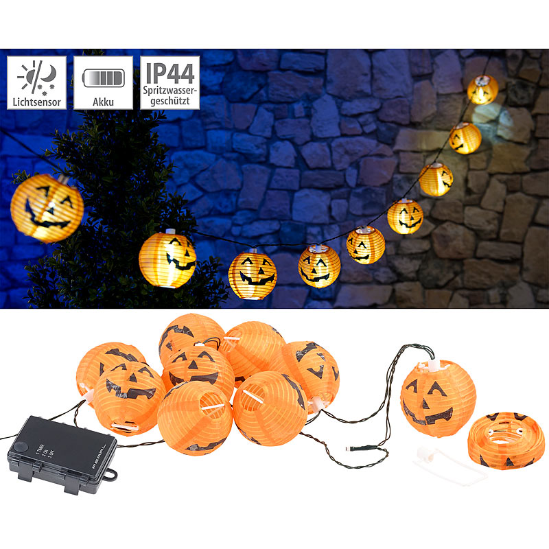 LED-Lichterkette mit 10 Lampions im Halloween-Kürbis-Look, Timer, IP44