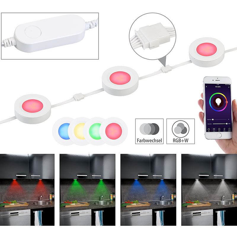 3er-Set WLAN-Unterbau-LEDs, RGB+W, für Amazon Alexa & Google Assistant