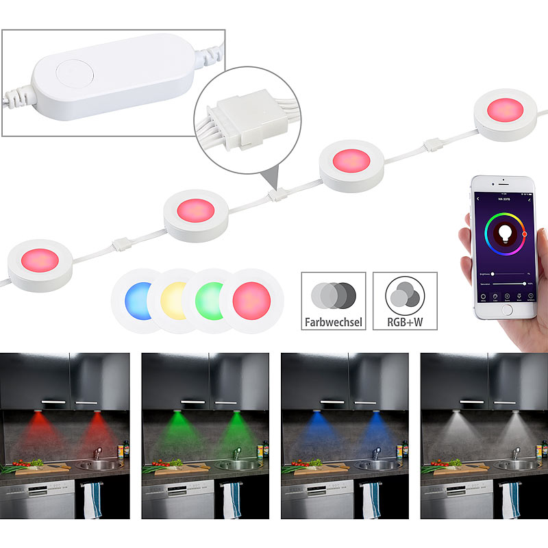 4er-Set Erweiterungs-Leuchten RGB+W für LED-Unterbau-Leuchten ULA-100