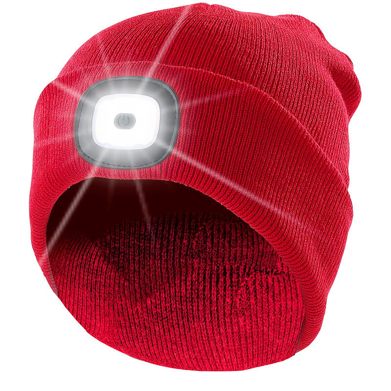 Rote Strickmütze mit weißen (vorne) & roten (hinten) LEDs