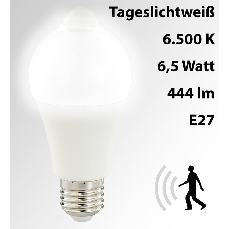 LED-Lampe, PIR-Sensor, 6,5 W, E27, tageslichtweiß, 6500 K, 444 Lumen