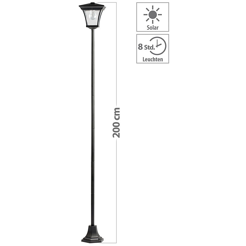 Solar-LED-Gartenleuchte mit 200-cm-Lampenmast und Akku, 15 Lumen