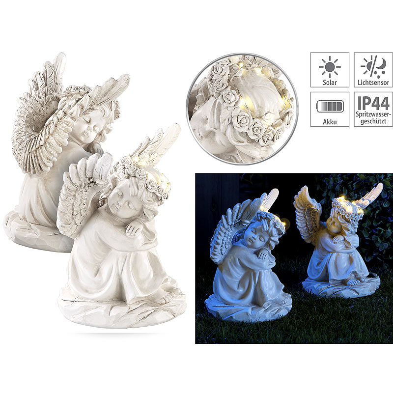 2 schlafende Solar-LED-Schutzengel-Figuren, 17 cm, für innen & außen