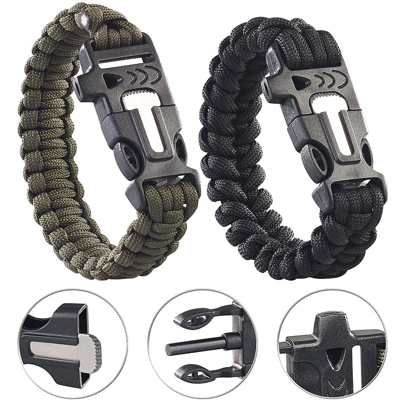 2er-Set Survival-Armbänder mit Seil, Pfeife, Feuerstahl und Messer