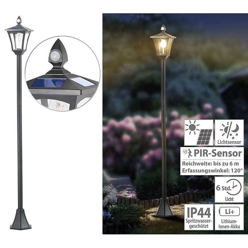 Solar-LED-Gartenlaterne, PIR-Sensor, Dämmerungssensor, 300 lm, 160 cm