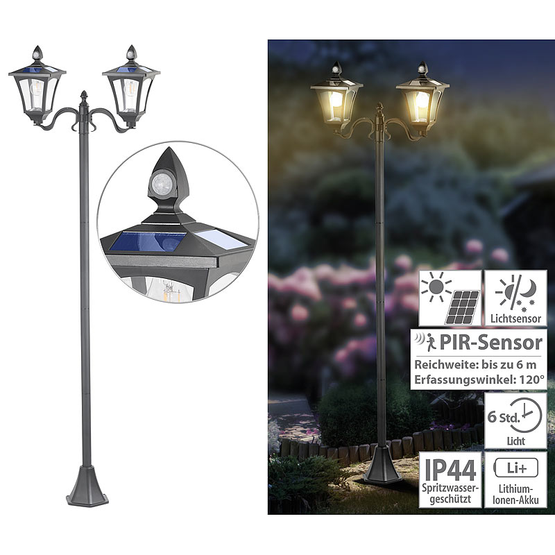 Solar-LED-Gartenlaterne, 2 flammig, PIR- & Dämmerungssensor, 600 Lumen