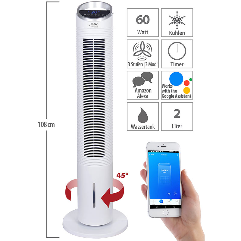 3in1-WLAN-Luftkühler mit App, für Siri, Alexa & Google Assistant, 60 W