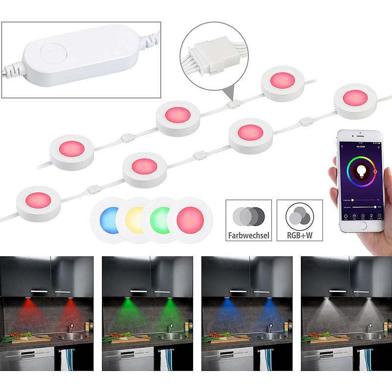 7er-Set WLAN-Unterbau-LEDs, RGB+W, für Amazon Alexa & Google Assistant