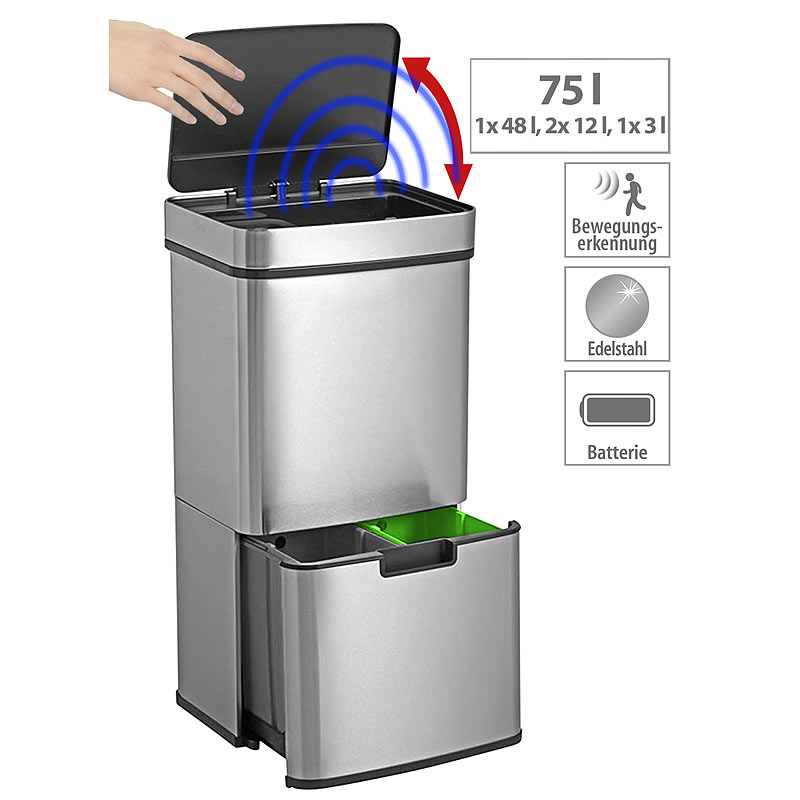 Design-Mülltrenn-System mit Sensor, 4 Behälter, Edelstahl, 72 Liter