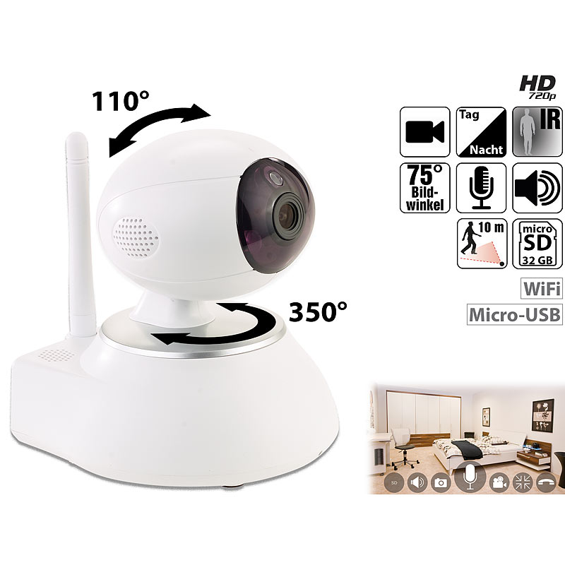 HD-IP-Kamera mit Nachtsicht, 433-MHz-Funkschnittstelle & Alarmfunktion