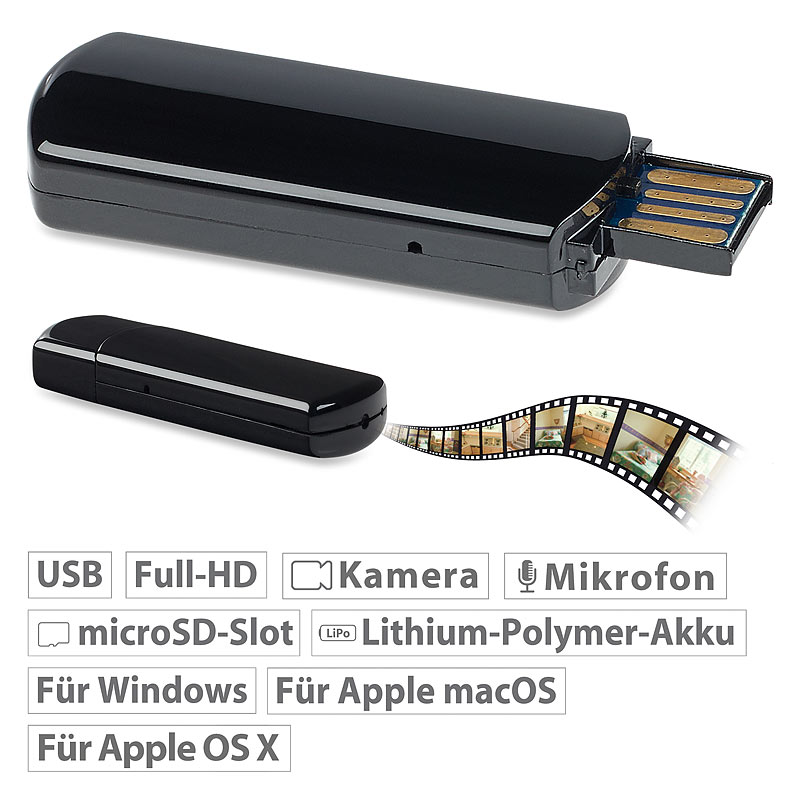 Mini-Videokamera für Full-HD-Video (1080p), mit microSD-Kartenleser