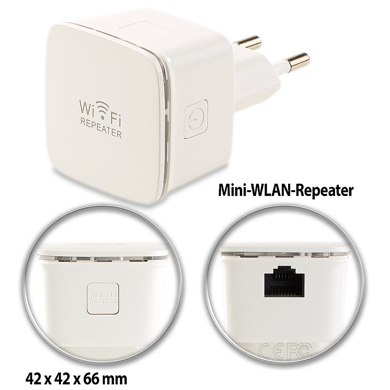 Mini-WLAN-Repeater WLR-350.sm mit Access-Point & WPS-Knopf, 300 Mbit/s
