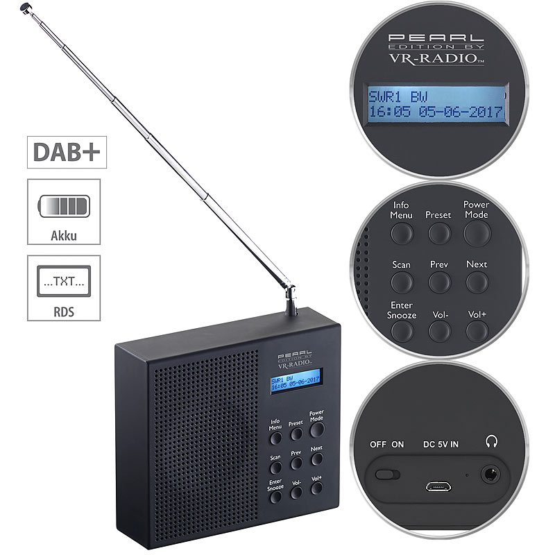 Digitales DAB+/FM-Radio mit Akku, Dual-Wecker, RDS, LCD-Display, Timer